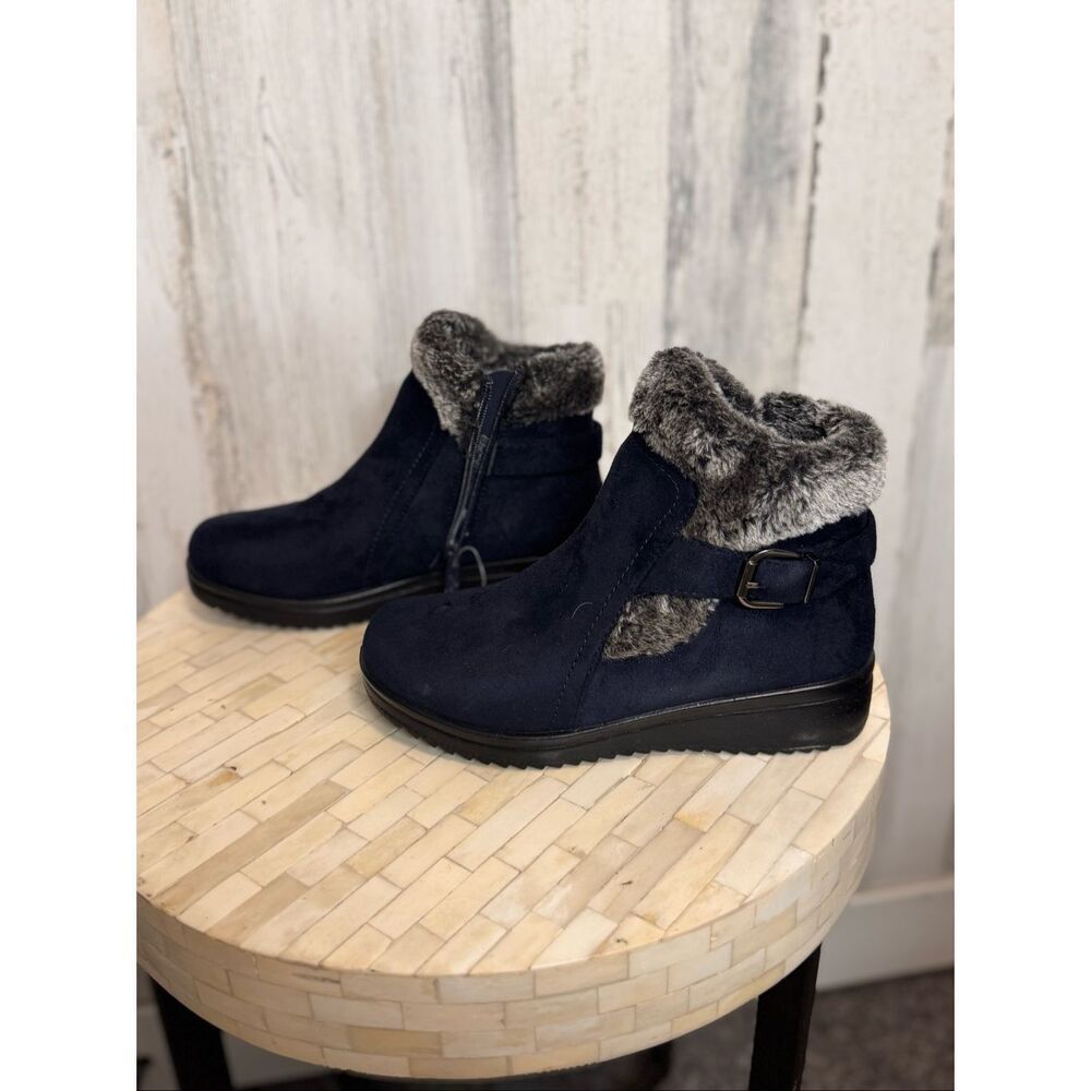 Flexus by Spring Step Waterproof Faux Fur Ankle Boots Navy Blue Women’s Size 7